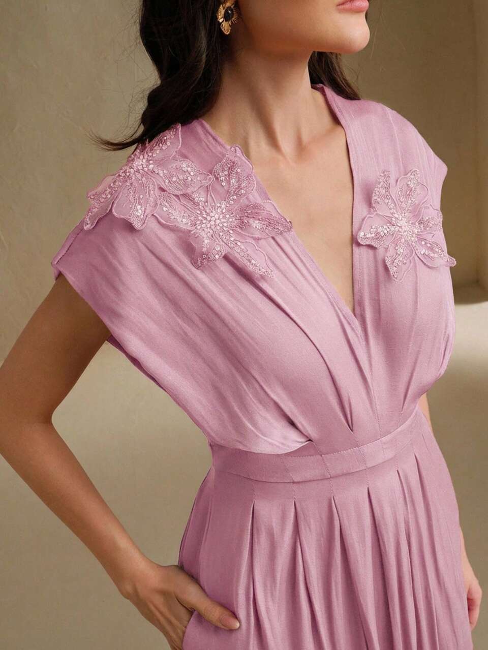 Anewsta Elegant V-Neck Waist Cinched Floral Decor Dress, Suitable For Graduation Vacation, Festival, Holiday, Elegant Occasions, Old Money Style Pink Summer