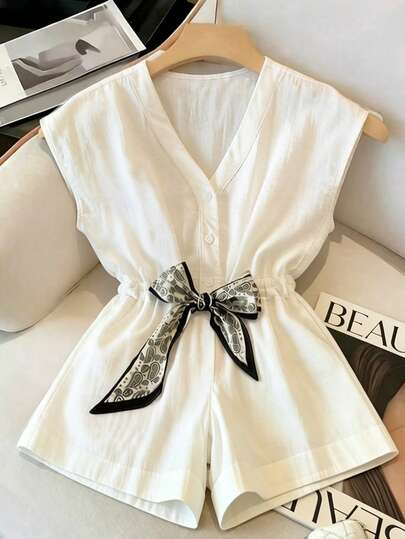 Franclia Women's V-Neck Bow Decor Casual Everyday Romper