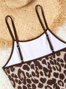 SHEIN Teen Girl Leopard Print Patchwork One-Piece Swimsuit, Suitable For Beach Vacation, Pool Party, Beach Party - Brown - View 4