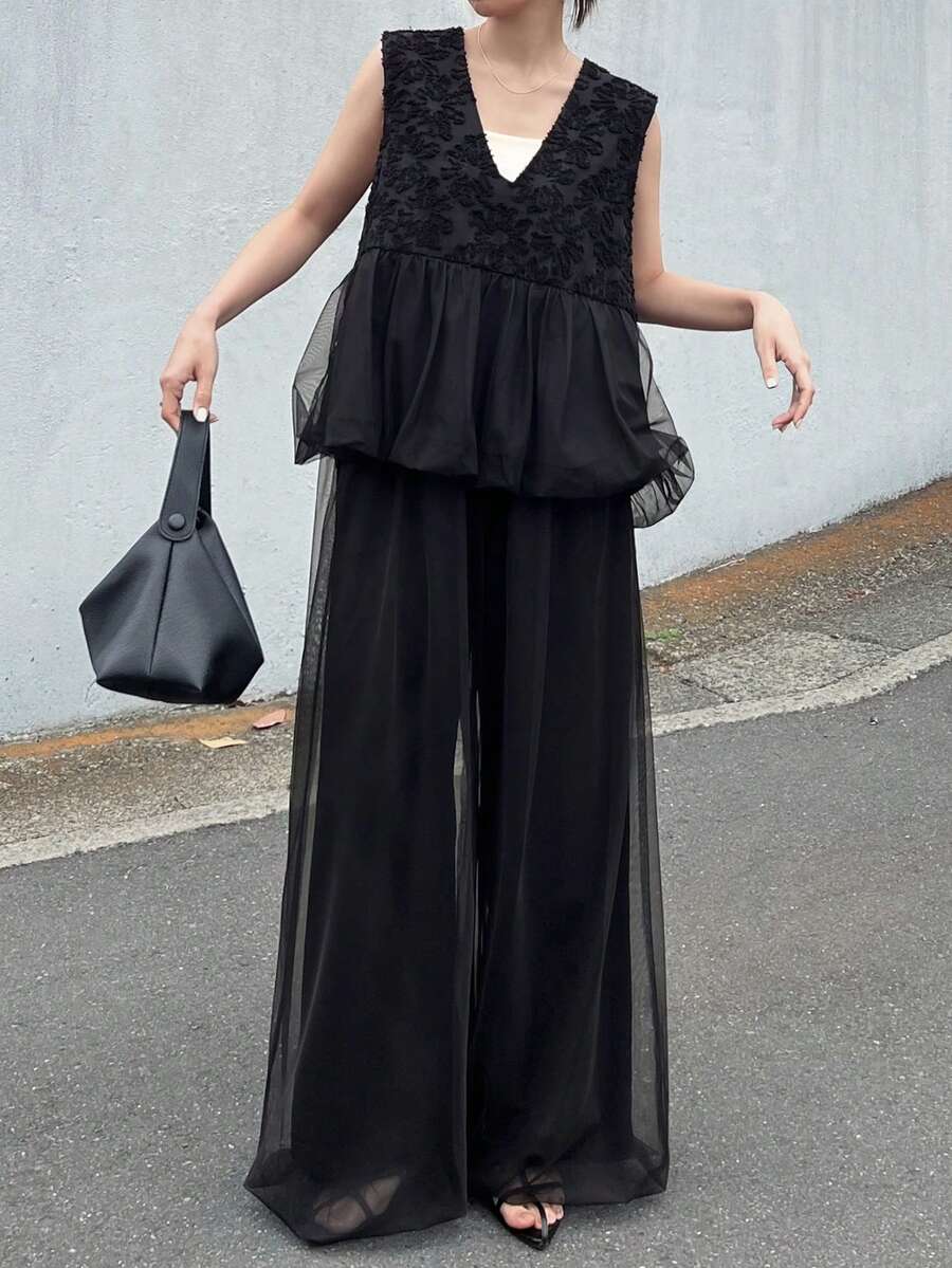 FRIFUL Women's Summer Solid Color Fuzzy Textured Fabric Patchwork Sheer Mesh Pleated Loose Casual Versatile Sleeveless 2-Piece Set - Black - View 1