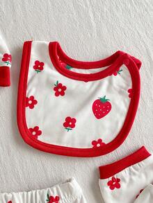 SHEIN Playful Pals 6件套新生女婴信封领圆领短袖草莓毛巾刺绣连体衣+松紧腰草莓印花裤+帽子手套围兜休闲舒适柔软套装，适合夏季外出 - 紅白色 - 查看 5