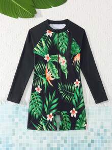 SHEIN Bộ đồ bơi liền thân in họa tiết hoa lá dành cho bé gái tuổi teen, thích hợp cho kỳ nghỉ biển, tiệc bể bơi, tiệc bãi biển. - trắng - Xem 7