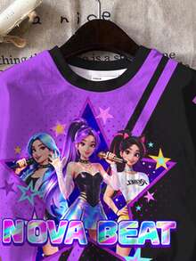 2pcs/Set Young Girl Casual Cartoon Girl Portrait,Purple & Black Patchwork,K-Pop Superstars Group Print,Short Sleeve T-Shirt And Shorts Set,Summer - Multicolor - View 5