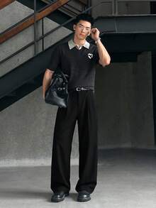 NEON BLANC Plus Size Men's Grey Vertical Striped Woven Wide Leg Pants - Black - View 5