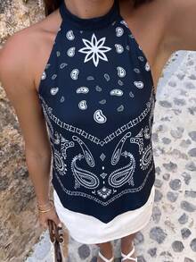 Firerie Women's Vacation Cashew Pattern Asymmetrical Hem Halter Top Beach Navy Blue Floral Summer Boho - Multicolor - View 4