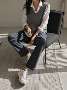 DAZY Solid V-Neck Sweater Vest Without Blouse,Fall Clothes - Grey - View 4