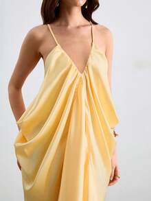 CielaLinda Women's Pale Yellow Summer Seductive Vacation Dress,Satin Spaghetti Strap Ruched Draped Cowl Neck Elegant Flowy Midi Chic Minimalist Wedding Guest - Light Yellow - View 5