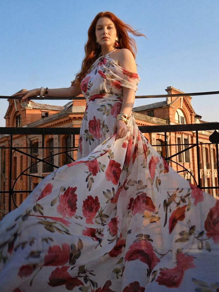 PLUS ROSE PRINT ROUND NECK SLEEVELESS MIDI DRESS FOR WOMEN, CASUAL & DATE WEAR, SPRING/SUMMER