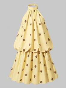 SHEIN 1 buah Gaun Anak Perempuan Model Halter yang Dapat Disesuaikan, Motif Polkadot Cokelat dan Kuning, Desain Bagian Belakang Berongga yang Lucu, Cocok untuk Perjalanan Musim Panas, Pantai, dan Liburan. - Kuning - View 3