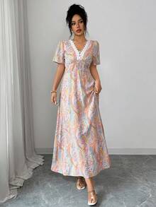 Selianne Elegant Sexy Boho Holiday Bohemian Pastal Cashew Flower V-Neck Ruffle Elastic Waist Women Long Dress Tea Party Vacation Golf Summer Blue And Yellow - Multicolor - View 4