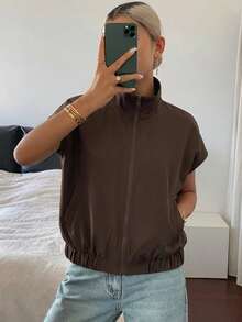 DAZY 女款翻領無袖短版街頭休閒背心式薄外套 夏季 - 棕色 - 查看 2