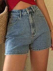 DAZY Quần short denim nữ mùa hè, họa tiết chữ đính đá, có túi. - Rửa trung bình - Xem 6