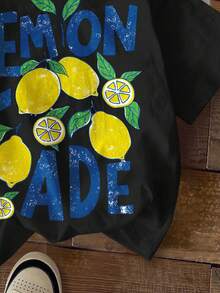 Lemon Print Loose Casual Short Sleeve Round Neck T-Shirt For Young Boy,Suitable Summer,Vacation,Street Style,Daily Wear,Spring&Fashion - Black - View 5