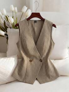 Franclia Plus Size Vintage Houndstooth Print Double-Breasted V-Neck Sleeveless Suit Vest For Work - Khaki - View 1