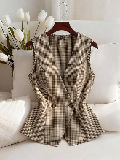 Franclia Plus Size Vintage Houndstooth Print Double-Breasted V-Neck Sleeveless Suit Vest For Work