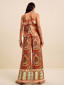 LOTSLUV Conjunto de 2 piezas de camiseta sin mangas morada con estampado de árboles de coco, grúas blancas y arquitectura, y pantalones estampados para vacaciones de primavera/verano de mujer - Multicolor - Ver 2