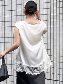 FRIFUL Women's Lace Trim Neckline Loose Linen Vacation Tank Top Summer - Black - View 5