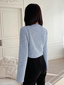 DAZY Plaid Pattern Short Round Neckline Open Front Long Sleeves Jacket - Blue - View 2