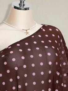 SHEIN ICON 大尺碼女款波點網紗不對稱下擺時尚上衣 - 棕色 - 查看 5