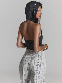 MUSERA Embellished Chain Cowl Neck Hooded Top Sexy Summer Spring Rave Festival Holiday Party Going Out Serpent - Dark Grey - View 3
