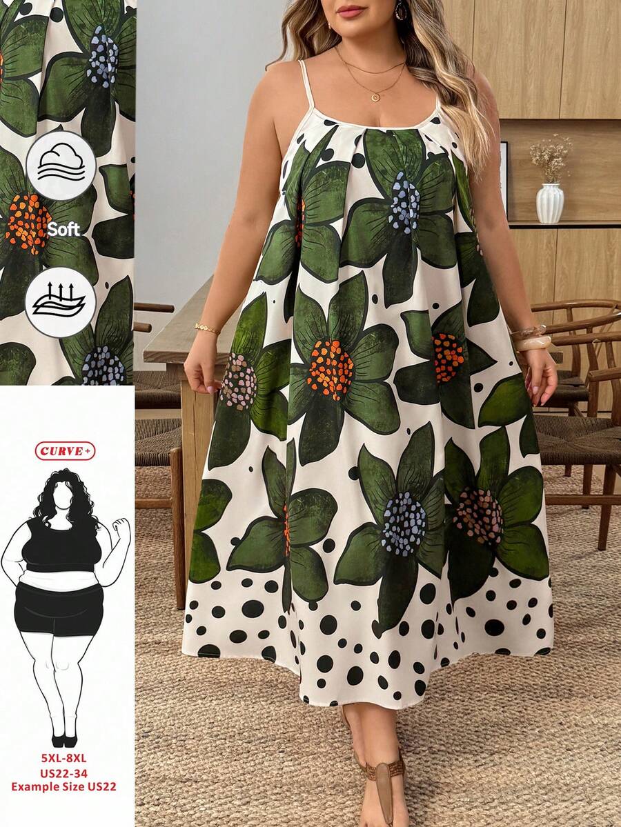 SHEIN CURVE+ Váy dáng ôm US22, thích hợp cho lễ hội âm nhạc, kỳ nghỉ biển, phong cách bohemian, họa tiết hoa nhí, váy slip dress thường ngày, váy mùa hè cho nữ. - Nhiều màu - Xem 1