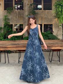 DAZY Vestido vaquero largo de línea A con estampado floral completo, tirantes finos y textura en la cintura, elegante y casual, para mujer. Vestidos de verano para mujeres - Azul - Ver 2