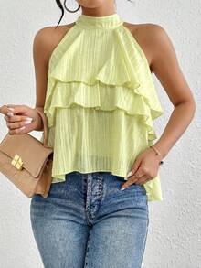 Firerie Loose Neck Ruffle Asymmetrical Chiffon Blouse,Summer Top - Green - View 4