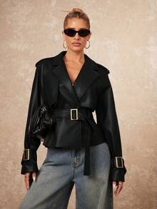 Lumalex Women's Solid Color Distressed Raglan Sleeve Trench Coat - Black - View 3