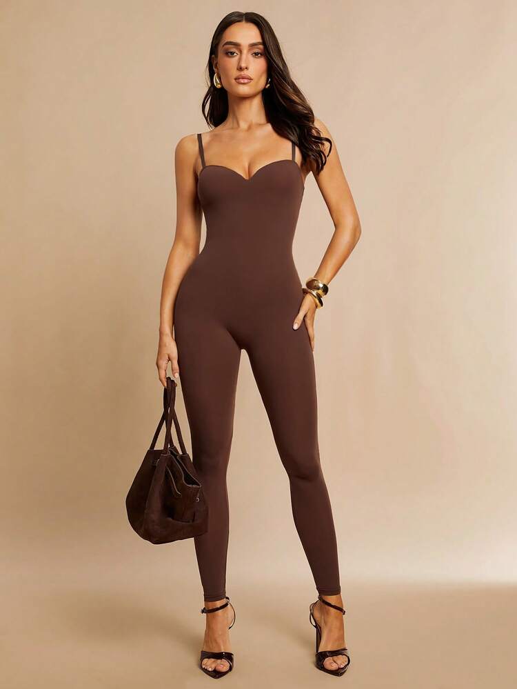 【週末価格】THE SHISHIKUI JUMP SUITS brown Silquee Women's Figure-Hugging Dark Brown Jumpsuit,Highly Elastic