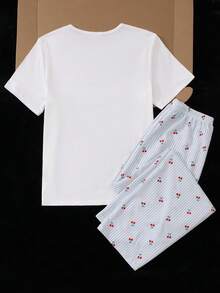 Girls'White Round Neck Loose Top With Cherry Print,Paired With Blue And White Striped Cherry Pattern Soft Fabric Shorts,Cute Summer Home Wear Sleep - White - View 3