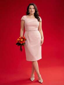 MOTF PREMIUM WOMEN'S PLUS ELEGANT FOLD PLEATED WAIST FITTED DRESS, SPRING/SUMMER - Pink - View 3