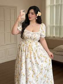 Vibekara Plus Size Vacation Style Square Neck Waist Cinched A-Line Dress - Multicolor - View 8