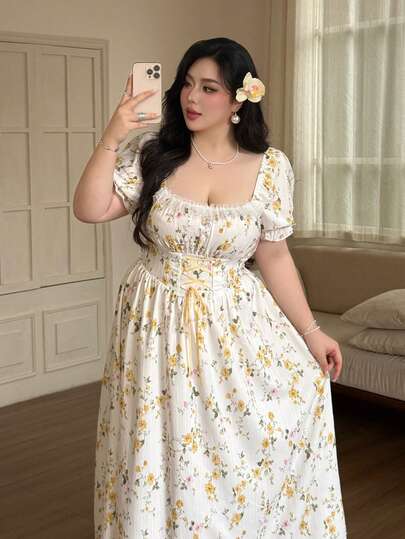 Vibekara Plus Size Vacation Style Square Neck Waist Cinched A-Line Dress