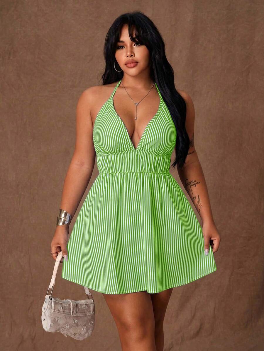 Rustia Plus Size Women Deep V-Neck Sexy Halter Striped Dress - Green - View 1