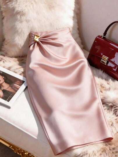 GlowEve Women's Light Pink Smooth Satin Fitted Pencil Skirt, Satin Shiny Fabric, Metal Waist Buckle Decor, Elegant Skirt, Summer New Arrival, Formal Pencil Skirt, Summer Women's Skirt, Women's Formal Pencil Skirt, Women's Bodycon Skirt, Women's Resort Skirt, Women's Skirt, Graduation Outfit, Fashionable Casual Commuter Wear, Business Office Attire, Multifunctional And Stylish Everyday Casual Wear, Urban Teacher Workwear