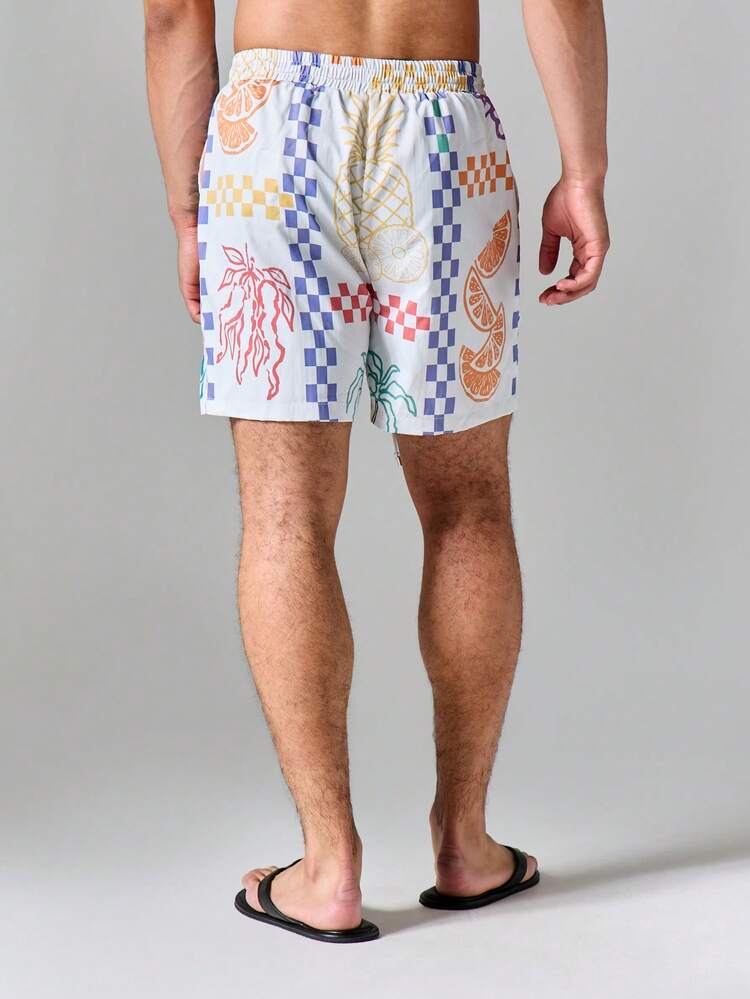 Tropical Fruit Checkerboard Print Swim Trunks With Elastic Drawstring Waist Side Pockets Summer Beach Holiday Shorts