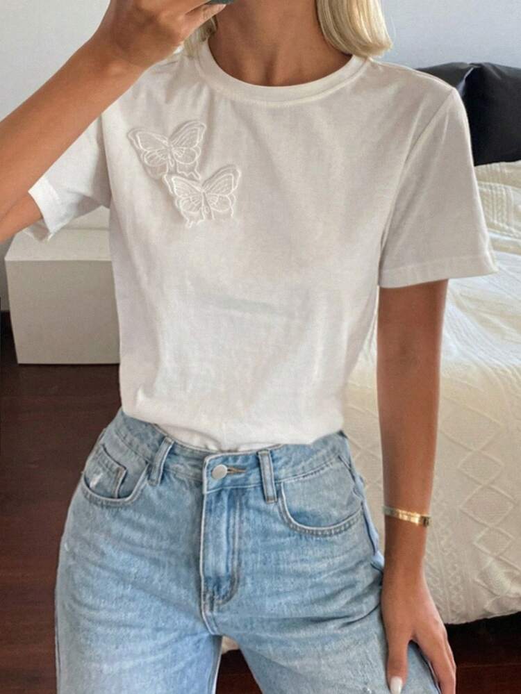 Women's Summer Round Neck Short Sleeve Bow Decor Vacation Chic Casual Elegant T-Shirt