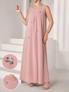 Al Najma Đầm xòe không tay cổ tròn họa tiết hoa 3D thanh lịch, thích hợp cho mùa xuân/hè. - Bụi hồng - Xem 7