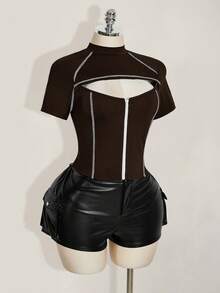 SHEIN ICON 大码女式条纹撞色镂空拉链短袖T恤 - 棕色 - 查看 7