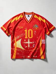 ROMWE MEN 2026年世界杯西班牙休闲红色足球球衣，男女通用情侣短袖V领运动印花T恤 - 彩色 - 查看 1