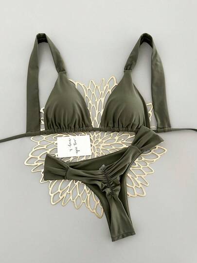 Swim Vcay Bộ bikini nữ gợi cảm, màu trơn, thời trang, kiểu buộc dây cổ và lưng, quần bikini nhún bèo có dây rút ở eo, phù hợp cho phong cách đường phố, lễ hội âm nhạc, tiệc bể bơi, bộ đồ bơi.