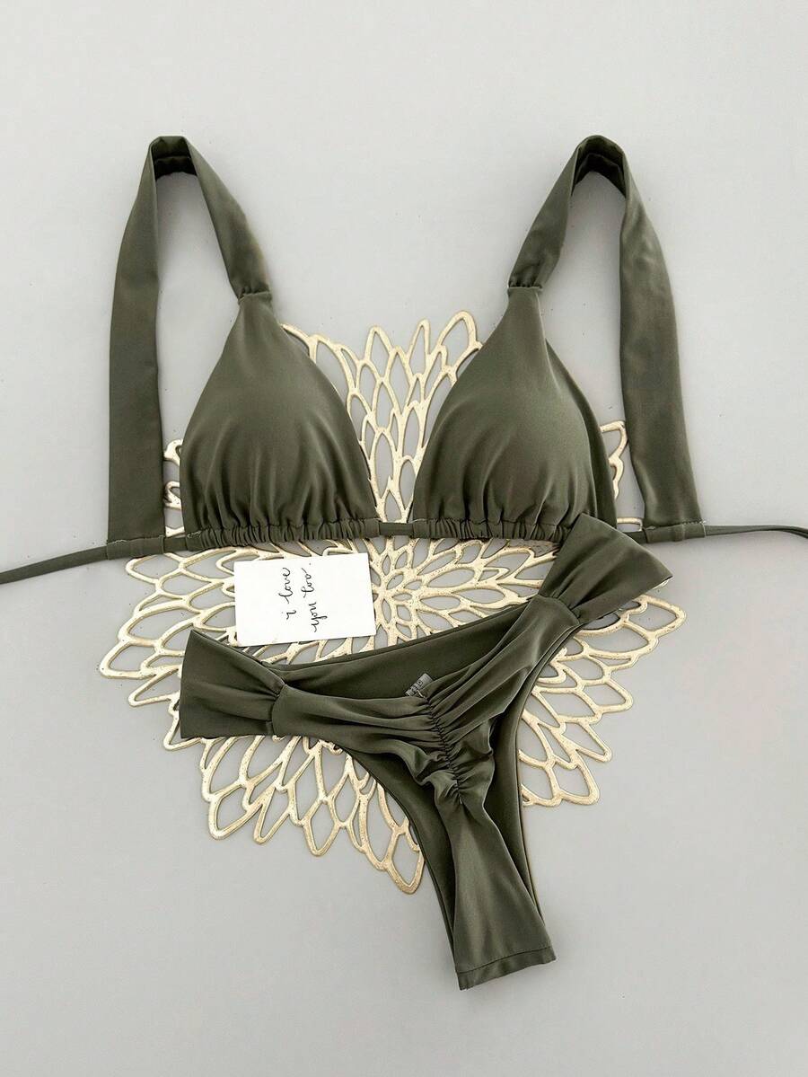 SHEIN Swim 女士性感沙滩度假纯色时尚挂脖系带比基尼上衣,褶皱抽绳腰比基尼下装,适合街头风、音乐节、泳池派对等场合,泳装套装 - 橄欖綠 - 查看 1