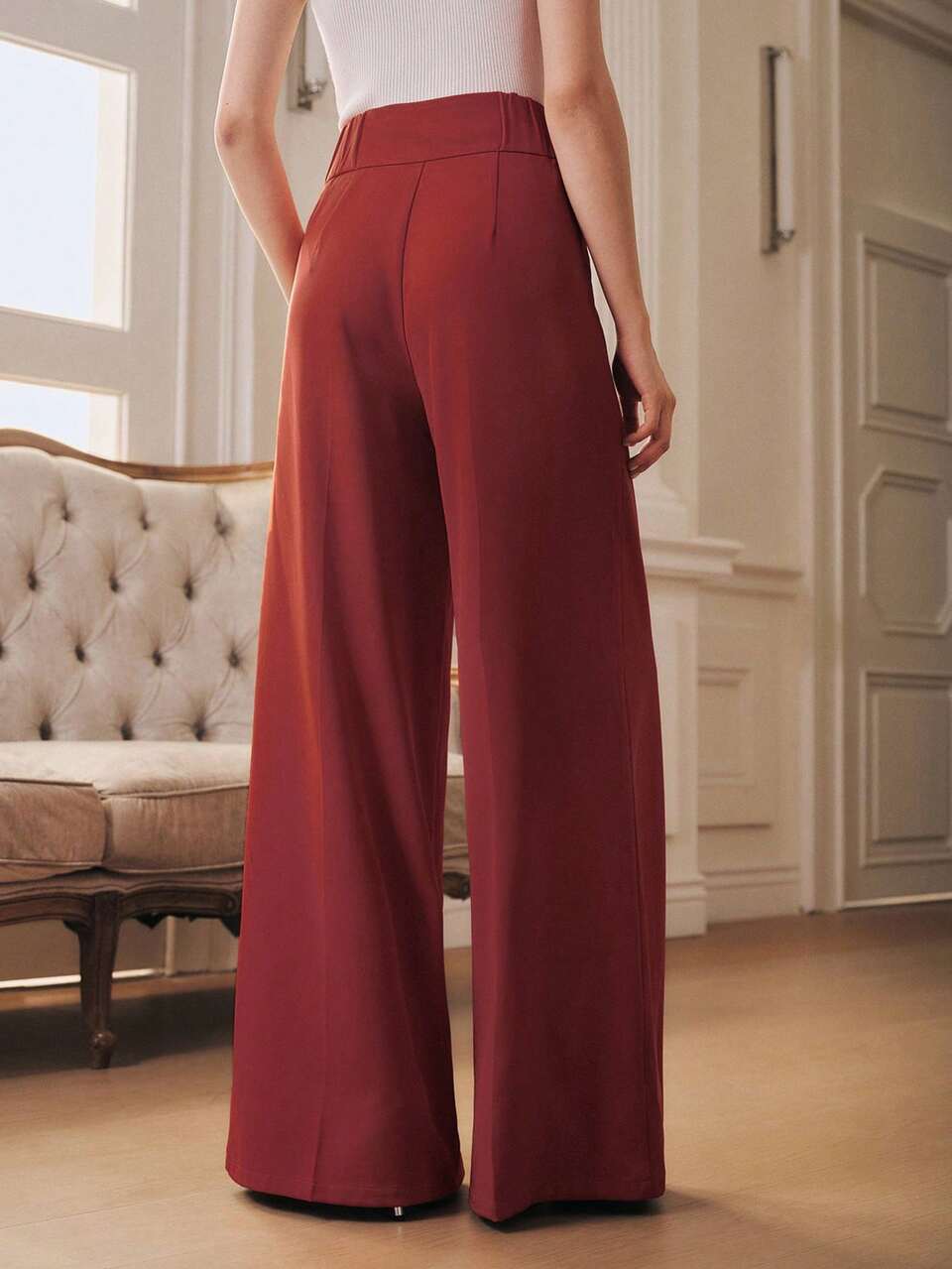 Anewsta Women's High-Waisted Wide Leg Wine Red Suit Pants, Vintage Chic Design, Flattering Silhouette, Suitable For Work Commute, Dating And Daily Wear