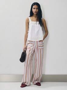 Nöista Pantalones de pierna ancha a rayas con bolsillos delanteros y presillas para cinturón, de talle medio y tela ligera para el verano. Perfectos para el verano, fiestas en la piscina, ropa de playa, atuendos de verano, festivales de música. - Multicolor - Ver 1