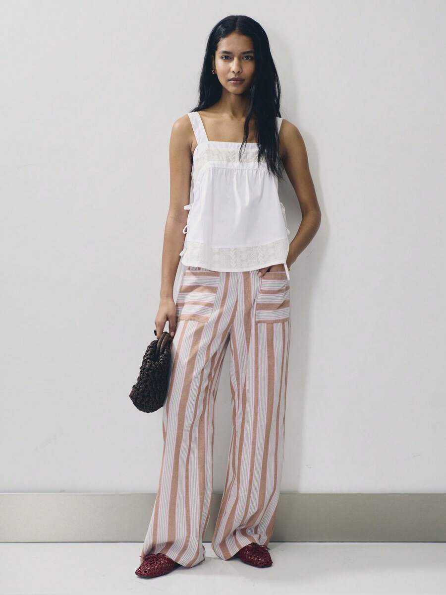 Nöista Pantalones de pierna ancha a rayas con bolsillos delanteros y presillas para cinturón, de talle medio y tela ligera para el verano. Perfectos para el verano, fiestas en la piscina, ropa de playa, atuendos de verano, festivales de música. - Multicolor - Ver 1