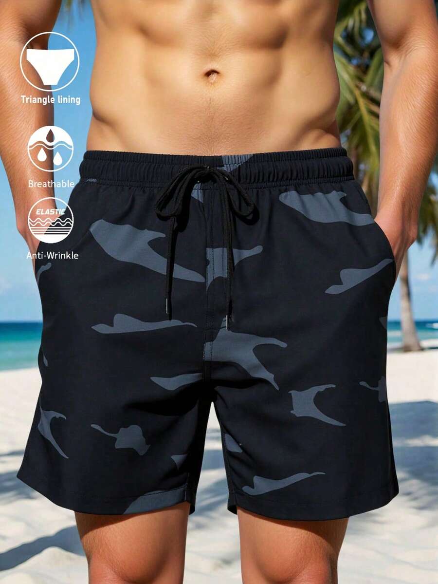 Manfinity Swimmode 男士休閒迷彩沙灘短褲,夏季戶外運動泳褲,夏威夷海灘穿搭,度假風 - 黑色 - 查看 1