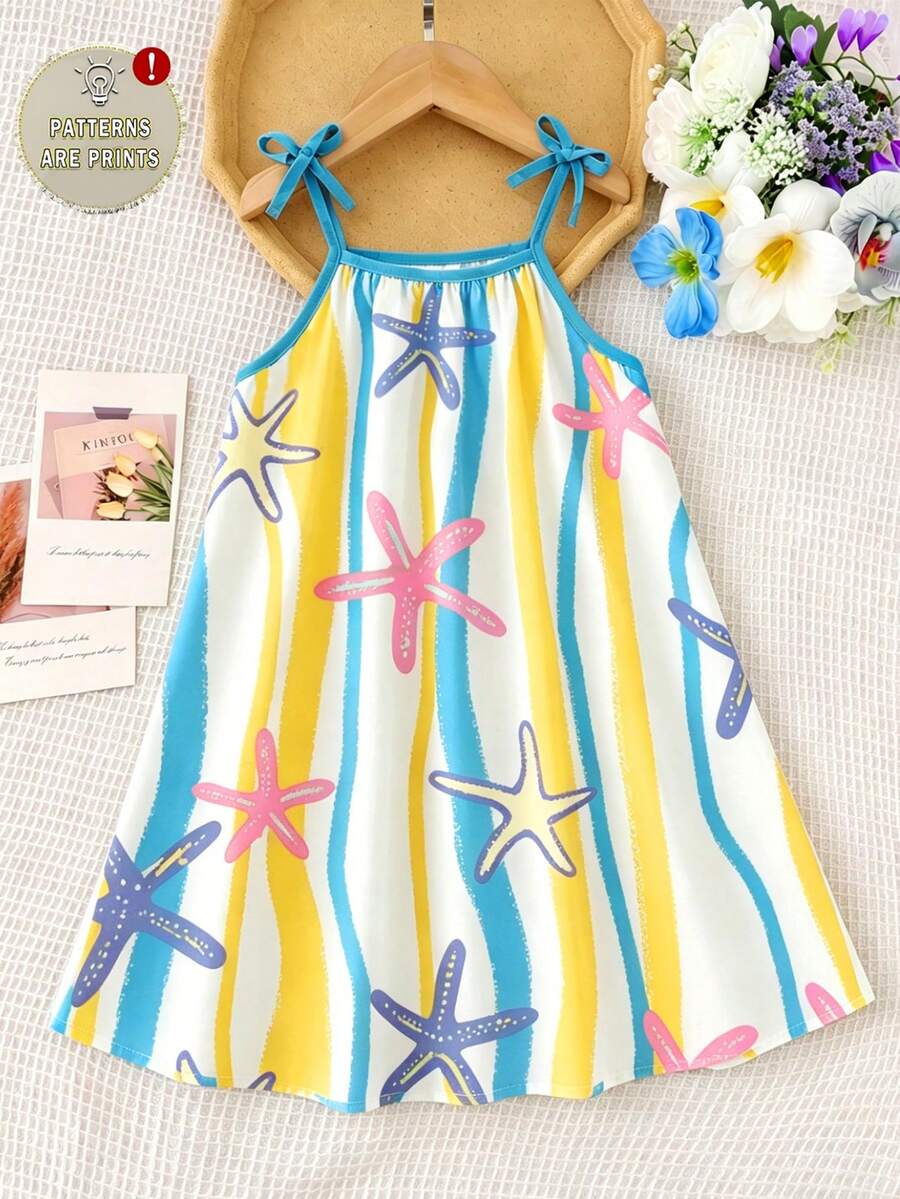 SHEIN Elladie kids 少女度假风可爱清新彩色海星、波浪、蝴蝶结装饰吊带裙,A字柔软连衣裙,充满夏日活力和童真,适合外出和暑假穿着 - 彩色 - 查看 1