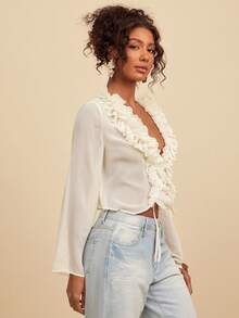 Travachic Áo kiểu nữ bằng vải chiffon Pháp, hơi xuyên thấu, cổ chữ V, buộc dây phía trước, có bèo nhún. - Màu be - Xem 7