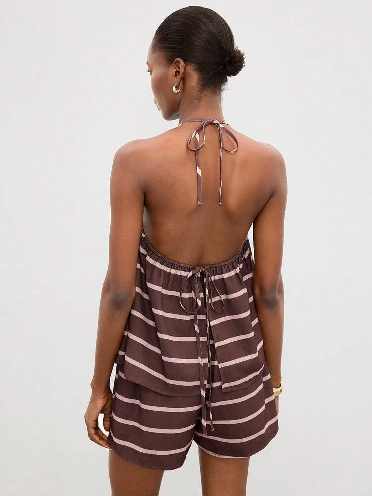 SHEIN Maija 2 Pieces Set, Loose Vacation Halter Backless Tie Detail Pockets Shorts, Comfortable