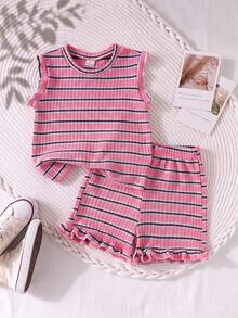 SHEIN Elladie kids 2件套女童条纹提花针织宽松背心短裤套装，适合休闲、度假、运动、夏季穿着 - 粉色 - 查看 4